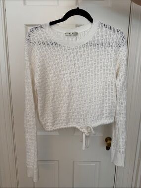 Alice + Olivia White Open-Knit Drawstring Hem Sweater
